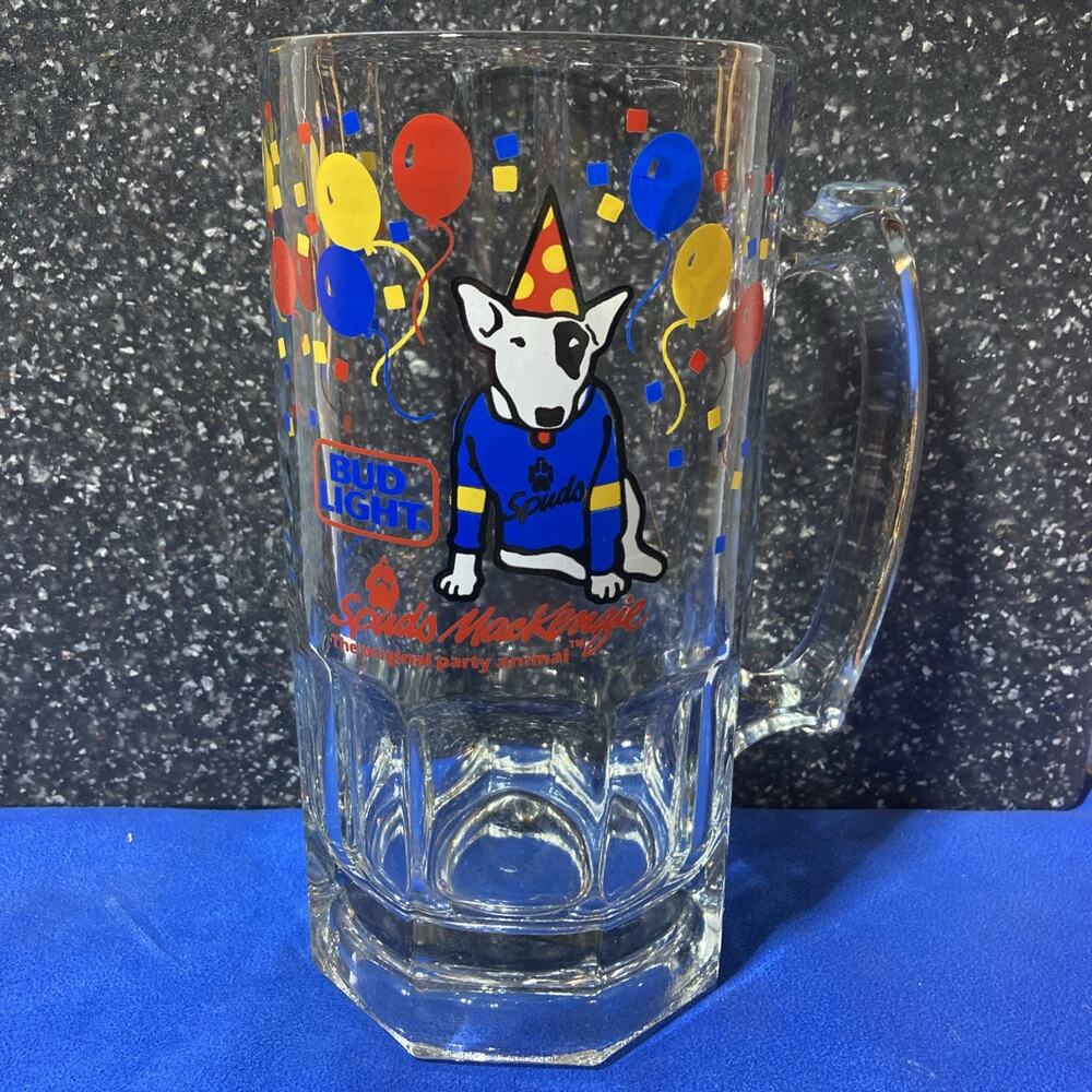 Spuds MacKenzie Clear Glass Thumbprint 32 oz Party Animal Beer Stein